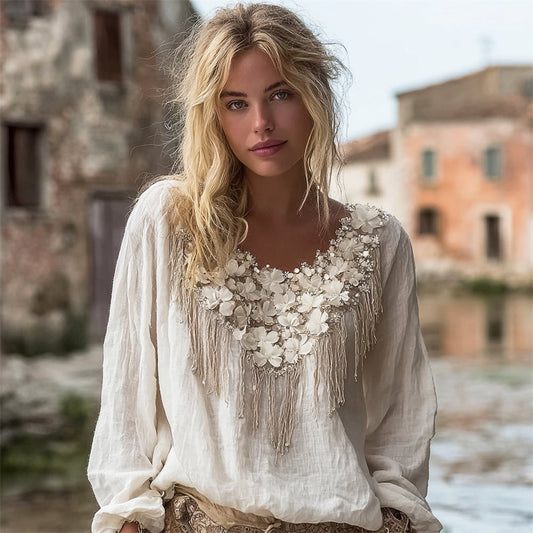 Comstylish Boho Hydrangea Tassel Embroidery Women's Linen Long Sleeve Shirt