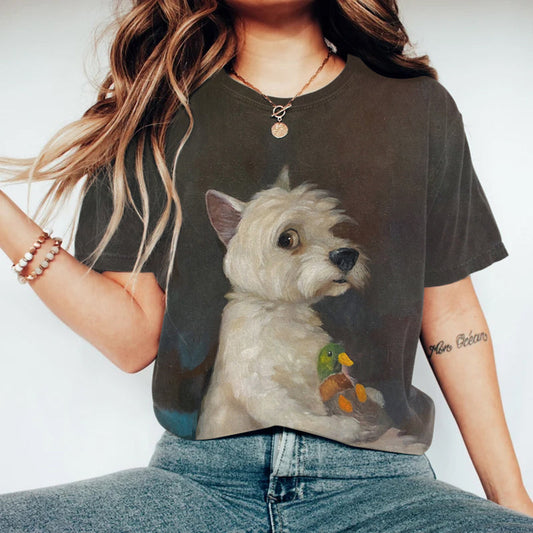Comstylish Vintage Cute Dog Painting Short Sleeve T-shirt