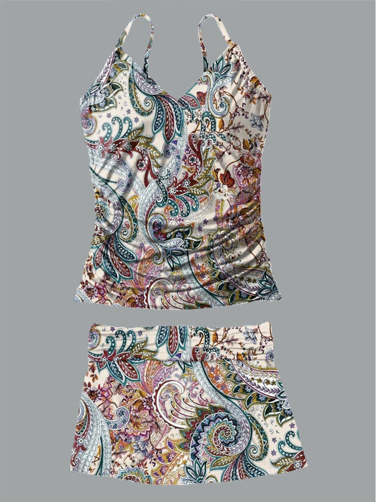 Women's Bohemian Floral Print Suspender Shirred Swimsuit Set