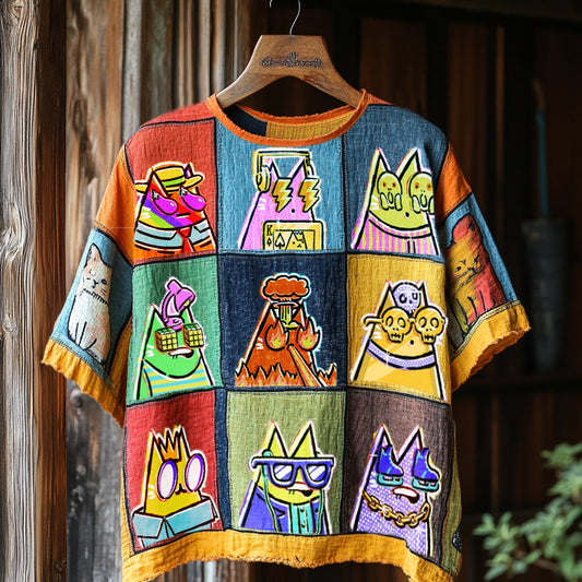 Women's Pop Art Cat Hobby Expression Contrast Patchwork T-shirt elevenforest