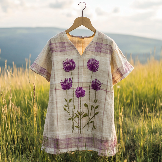 Women's Vintage Thistle Check Print Cotton And Linen T-shirt artswardrobe