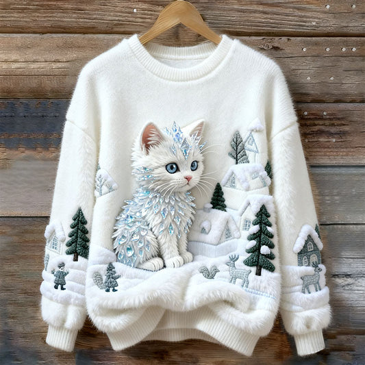 Women's Christmas Cat Art Comfort Plush Sweatshirt elevenforest