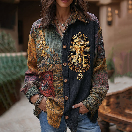 Comstylish Women's Vintage Ancient Egyptian Patchwork Lapel Linen Blend Shirt