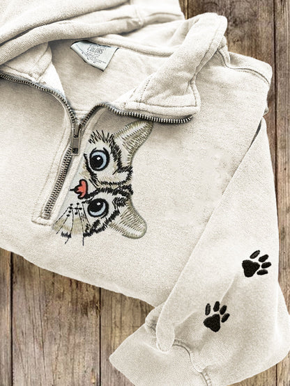 Lovely Peeking Cat Paw Prints Embroidered Zip Up Sweatshirt elevenforest
