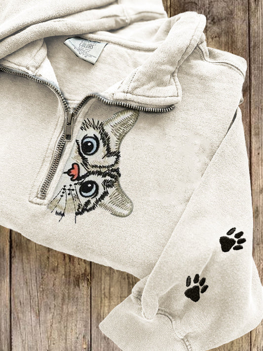 Lovely Peeking Cat Paw Prints Embroidered Zip Up Sweatshirt elevenforest