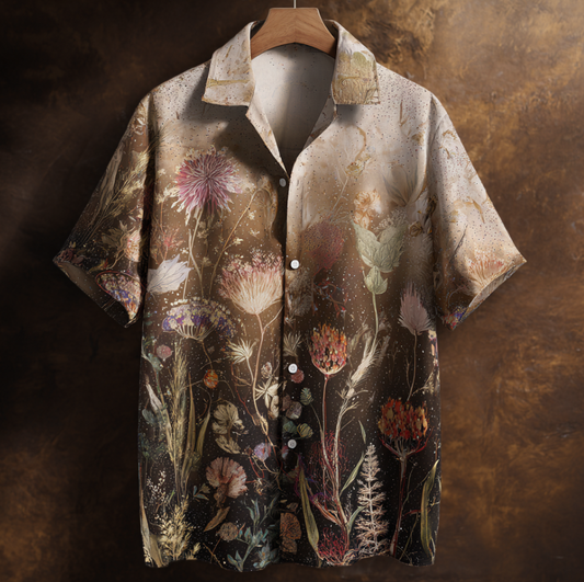 Bohemian Style Plant And Flower Pattern Men's Retro Cotton And Linen Shirt artswardrobe
