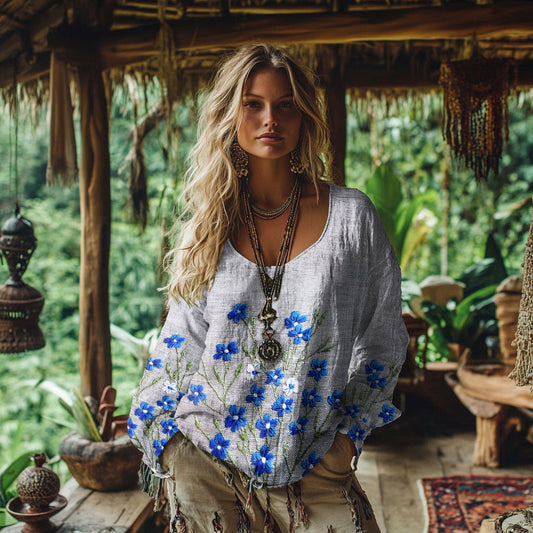 Comstylish Retro Bohemian Resort Floral Pattern Art Embroidery Cotton And Linen Blend Loose Blouse