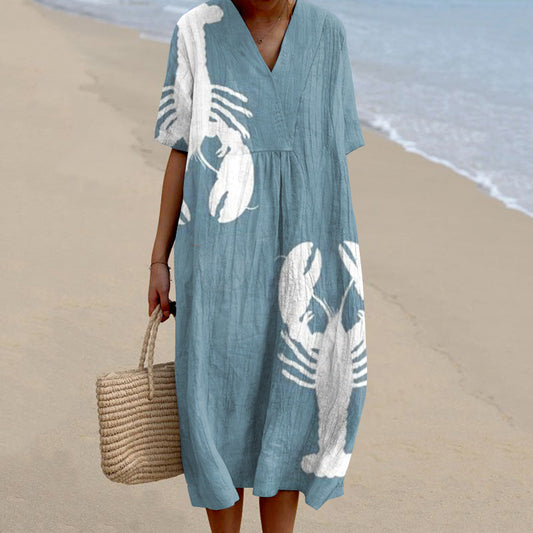 Comstylish Women's Lobster Art Print Linen Blend Dress
