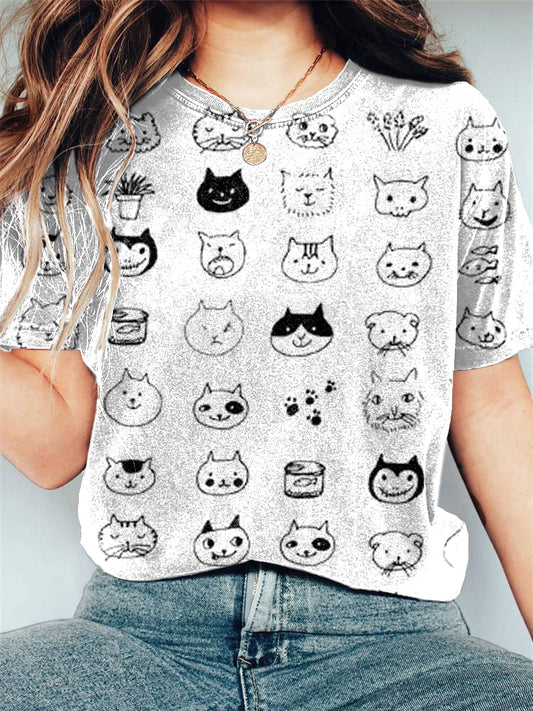 Cute Cat Line Art Print Casual Cotton Linen Blend T-Shirt elevenforest