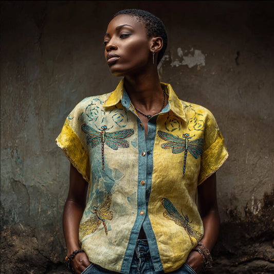 Dragonfly Pattern Vintage-style Turtleneck Short-sleeved Shirt artswardrobe
