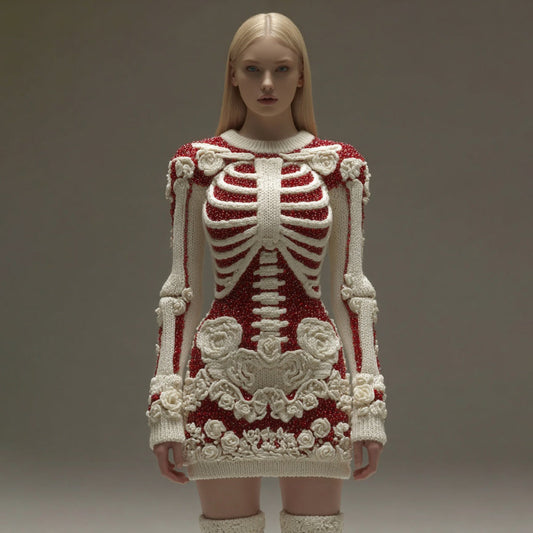 Comstylish Women's Vintage Halloween Skeleton Bones Rose Art Cozy Knit Mini Sweater Dress