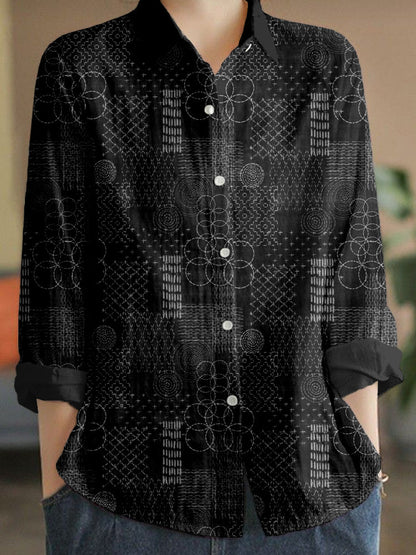 Comstylish Japanese Boro Sashiko Art Linen Blend Cozy Blouse