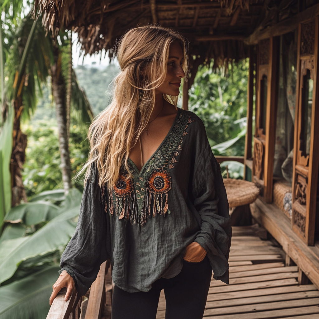 Comstylish Boho Sunflower Tribal Embroidery Print Cotton And Linen Blend Loose Blouse