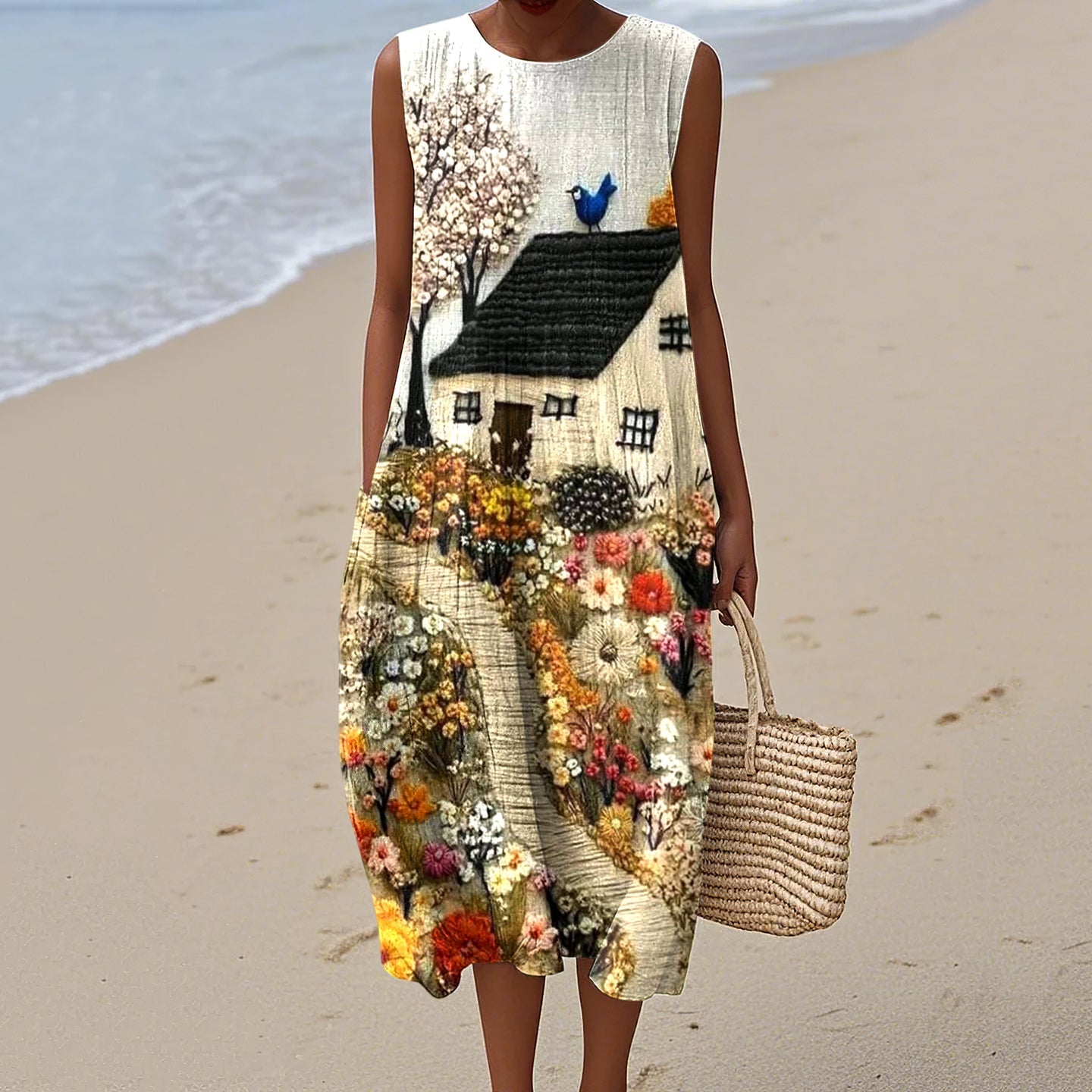 Vintage Loose  Hometown Rural Farm Bird Art Sleeveless Cotton And Linen Tank Dress artswardrobe