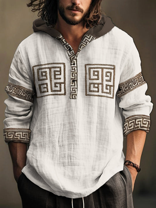 Vintage Greek Key Pattern Men's Hooded Linen Shirt artswardrobe