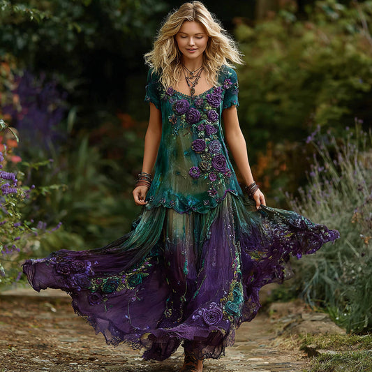Women's Vintage Purple Rose Pattern Round Neck Dress artswardrobe