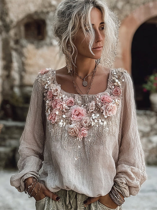 Comstylish Bohemian Elegant Floral Art Women's Linen Long Sleeve Shirt