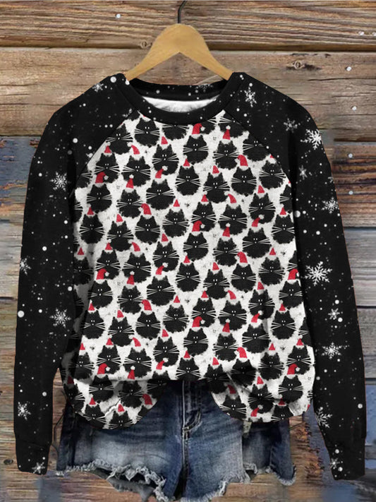 Fluffy Christmas Cat Graphic Contrast Comfy Sweatshirt elevenforest