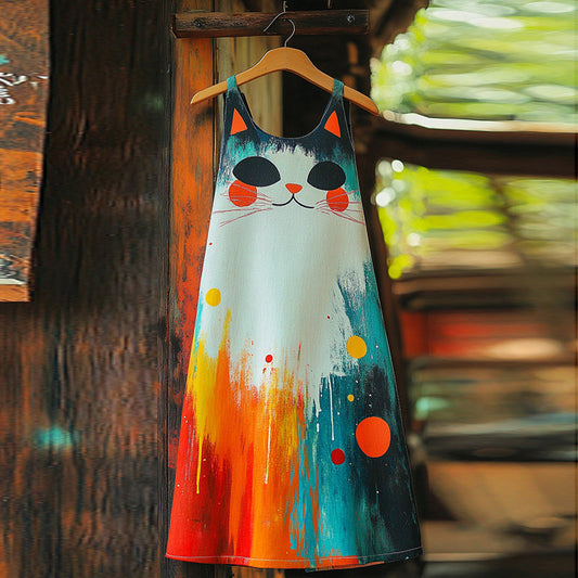 Comstylish Pop Art Oil Painting Cute Cat Cotton Linen Dress