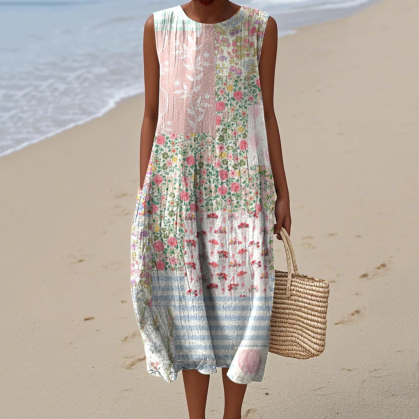 Women's Floral Patchwork Pattern Design Midi Tank Dress artswardrobe