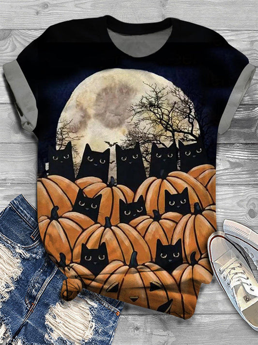 Black Cats Peek A Boo Pumpkins Crew Neck T-Shirt elevenforest