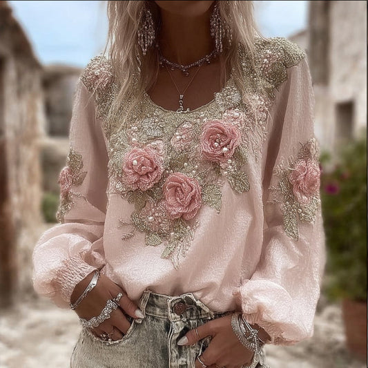 Women's Soft Rose Vintage Pink Round Neck Cotton And Linen Top artswardrobe