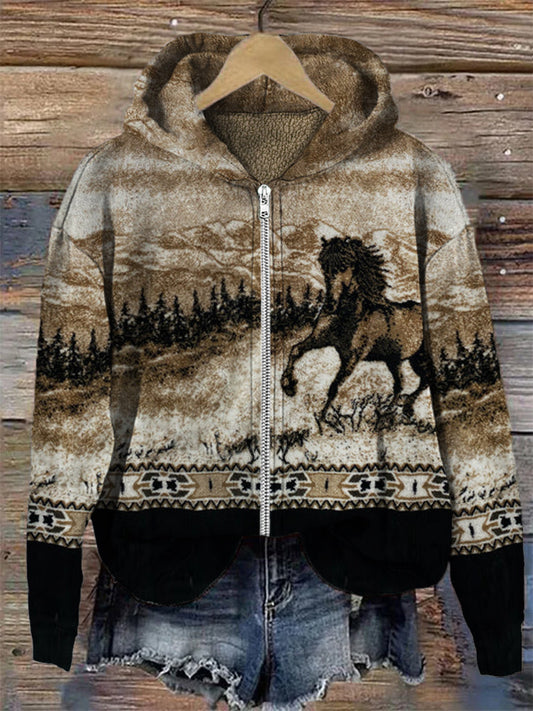 Comstylish Vintage Western Horses Landscape Cozy Full Zip Hoodie