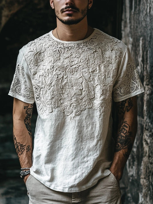 Men's Floral Lace Embroidered Linen T Shirt artswardrobe