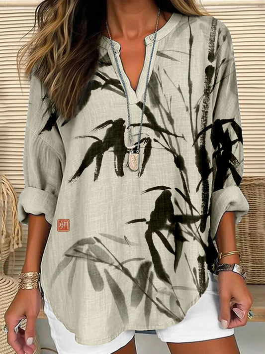 Comstylish Bamboo Ink Painting Art Linen Blend Cozy Shirt