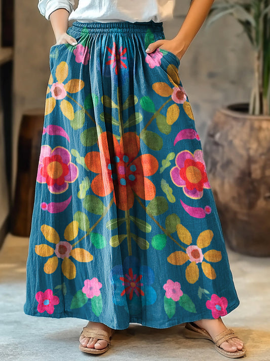 Women's Bohemian Floral Art Print Cotton Pocket Skirt