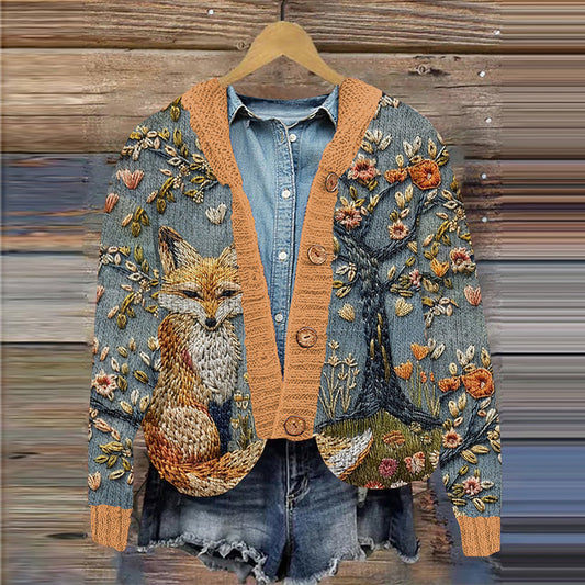 Fox Flowers Embroidery Art Pattern Women's Cardigan artswardrobe