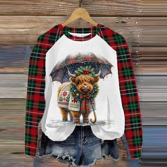 Comstylish Women's Christmas Highland Cow Print Casual Sweatshirt