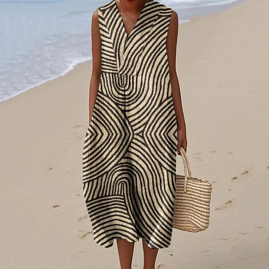 Vintage Stripe Pattern Linen V Neck Tank Dress artswardrobe