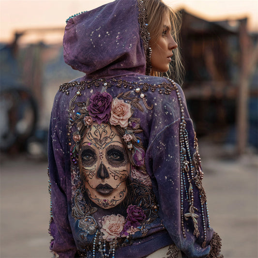 Comstylish Day Of The Dead Sugar Skull Woman Flowers Lace Beaded Hoodie