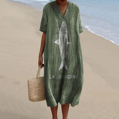 Comstylish Women'S Sardine Fish Art Pattern Linen Blend Dress
