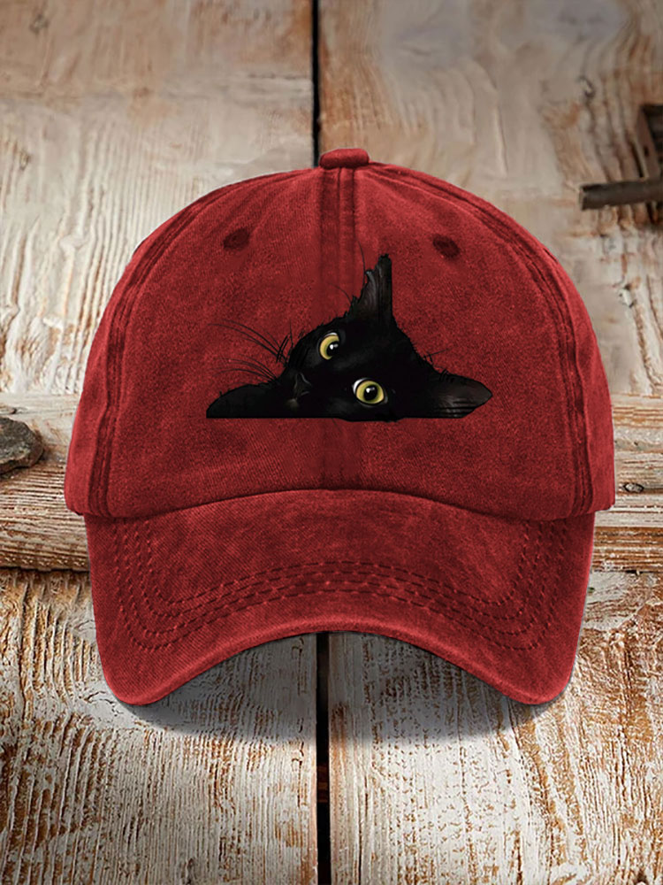Japanese Art Black Cat Print Washed Hat elevenforest