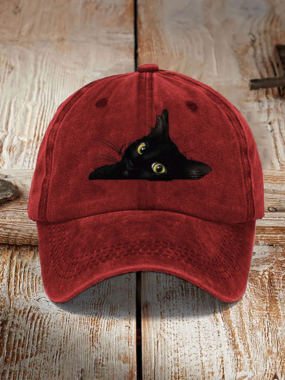 Japanese Art Black Cat Print Washed Hat elevenforest