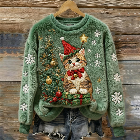 Women's Vintage Christmas Cat Embroidery Art Comfort Plush Sweatshirt elevenforest