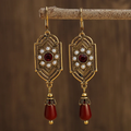 Red Crystal Pearl Gold Earrings
