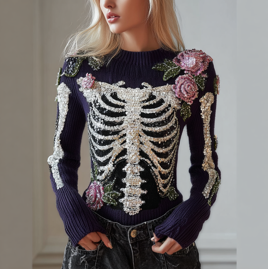 Comstylish Halloween Skeleton And Plant Flower Pattern Combined Design Women's Knitted Sweater