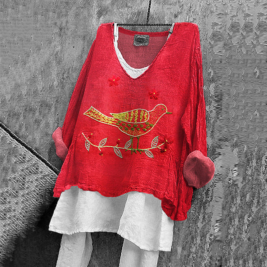 Women's Bird & Flower Embroidery Art V-neck Linen Blend Shirt artswardrobe