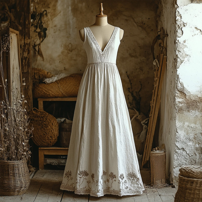 Vintage Floral Embroidered Linen V Neck Maxi Dress artswardrobe