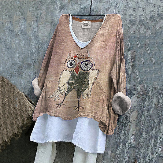 Comstylish Women's Vintage Funny Owl Embroidered Cotton And Linen Shirt