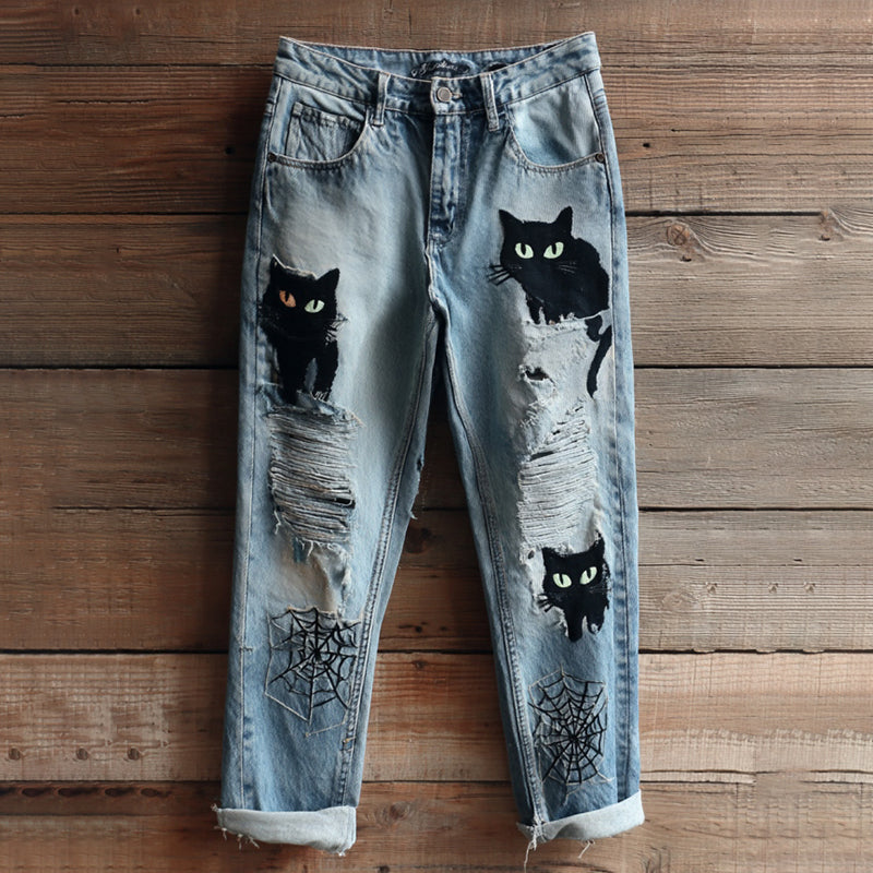 Comstylish Women's Halloween Black Cats And Spiders Embroidery Vintage Washed Jeans