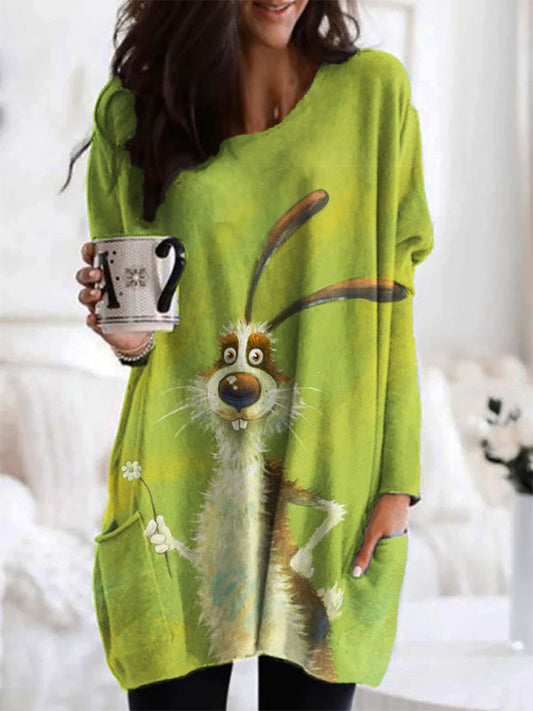 Cute Bunny Pattern Long Sleeve Loose T-Shirt artswardrobe
