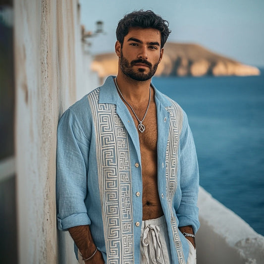 Men's Retro Greek Key Pattern Linen Blend Comfy Blouse artswardrobe