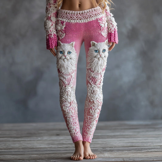 Women's Cute Cat Face Lace Embroidered Gradient Cozy Leggings elevenforest