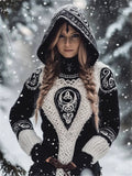 Viking Symbol Embroidered Tribal Celtic Contrast Hooded Sweater elevenforest
