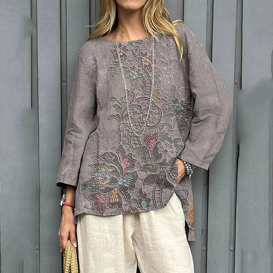 Women's Vintage Floral Print Casual Linen Shirt artswardrobe