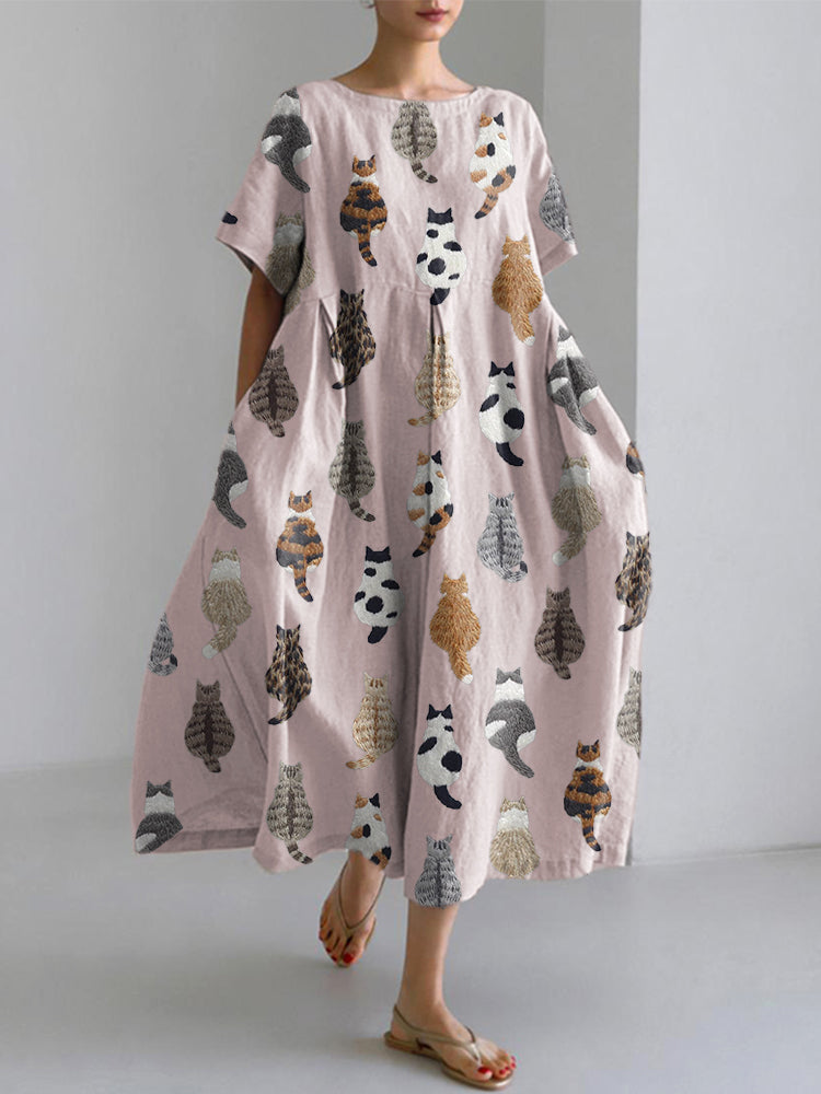 Comstylish Cute Cats Embroidery Pattern Linen Blend Dress
